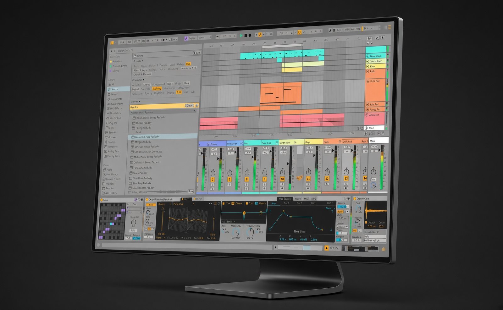 Ableton Live session open on screen, showing an arrangement with pads, drops and a synth riser