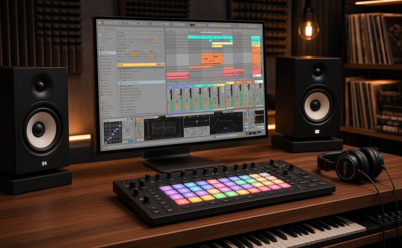 Studio setup with Ableton Live open on screen, monitors, a MIDI controller and headphones